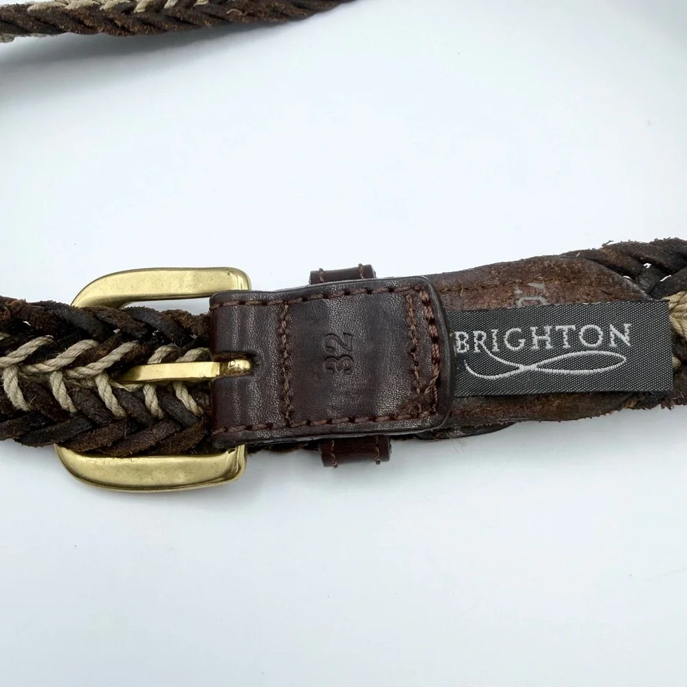Brighton Mens 32 Braided Leather Rope Belt Brown Tan Woven Brass Buckle 91007